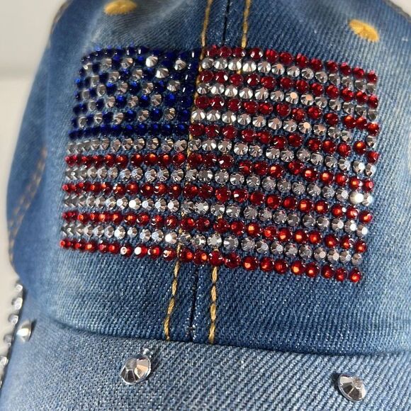 Women's American Flag Baseball Cap Rhinestone Denim Bling Patriotic Hat Blue Red - Picture 2 of 7